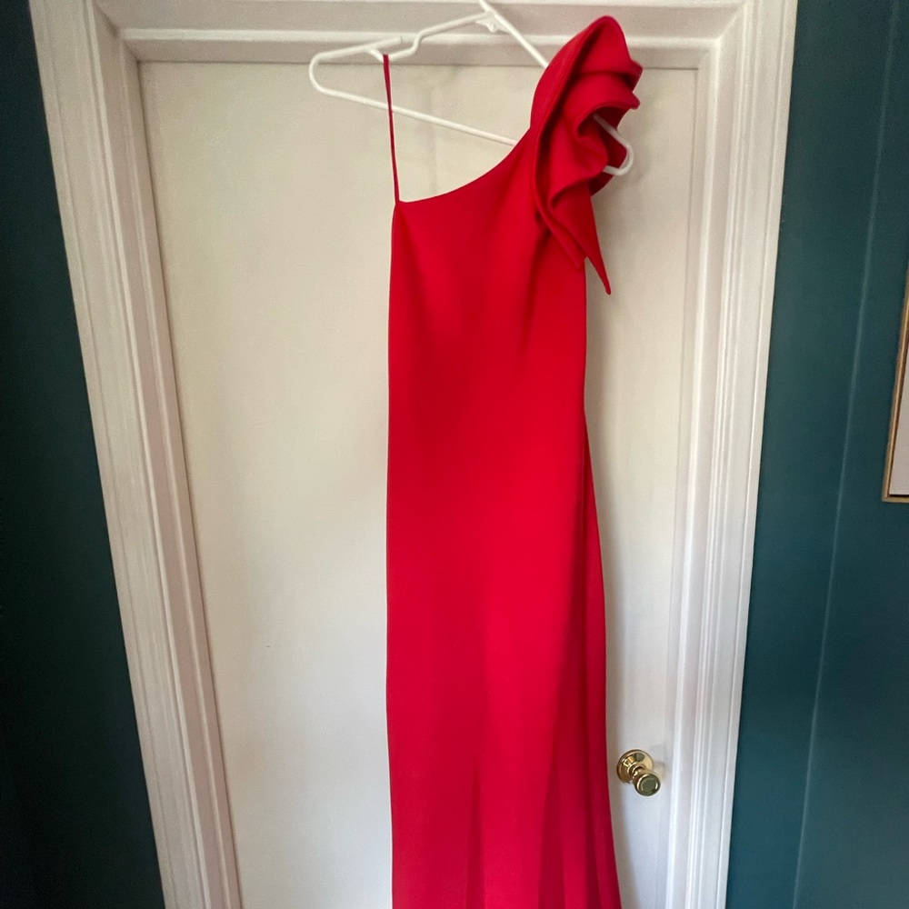 Betsy & Adam - Red ruffled one shoulder gown size 6.